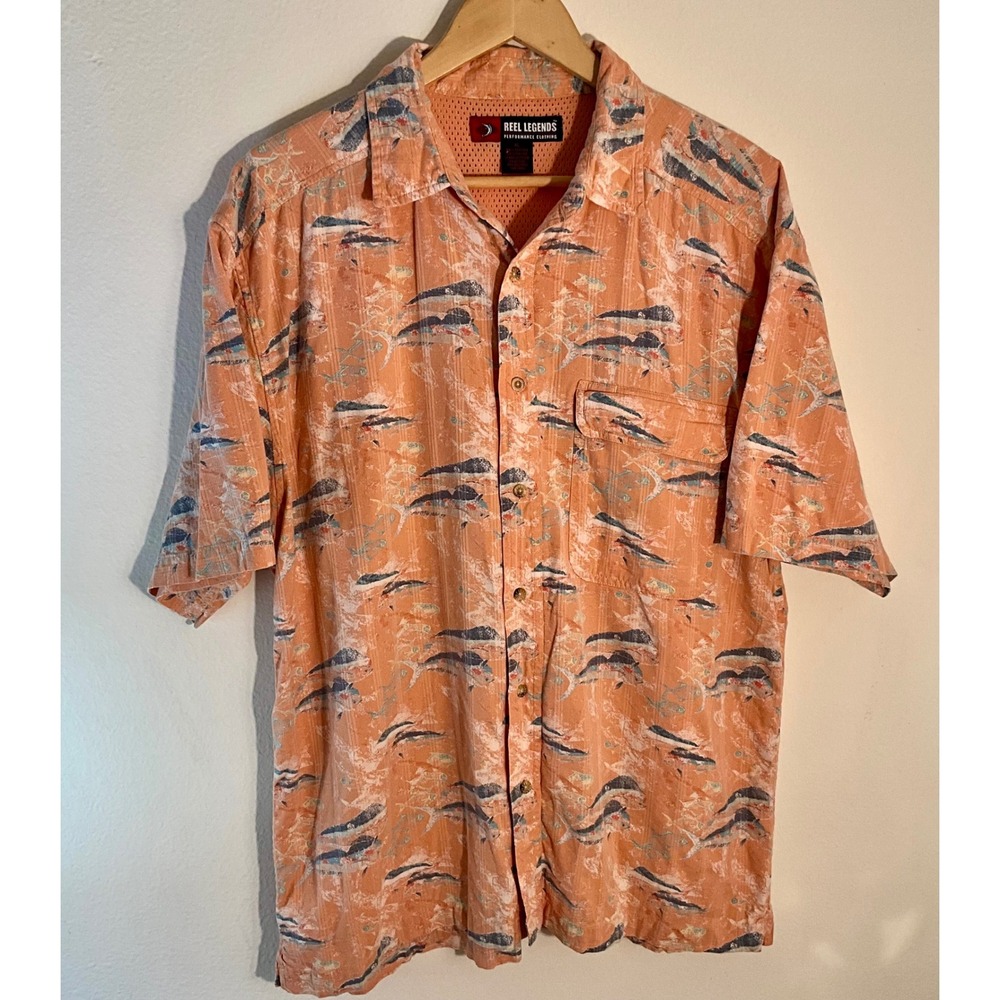 Reel Legends Fishing Shirt Mens XL Salmon Fish Print‎ Button Front Short Sleeve